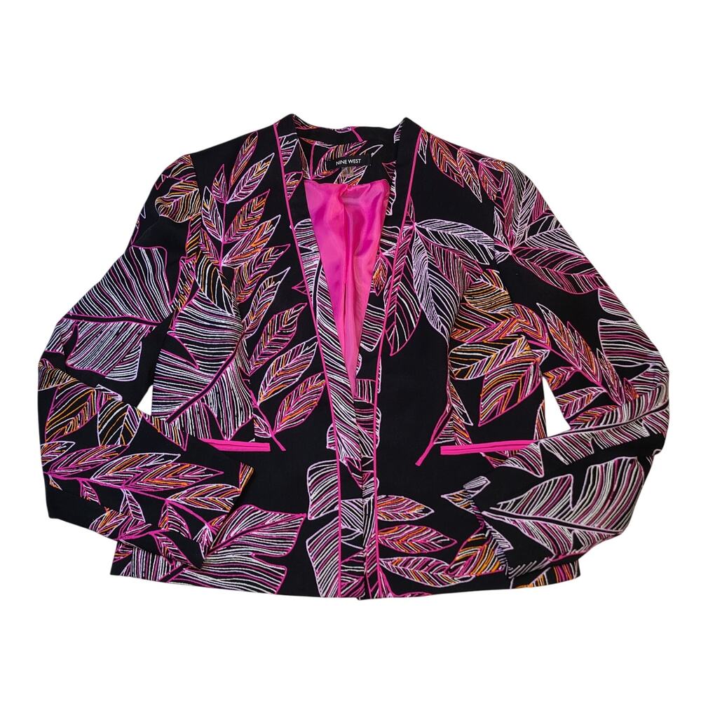 Nine West Women's Black Pink Neon Leaf Print Blazer Size 10